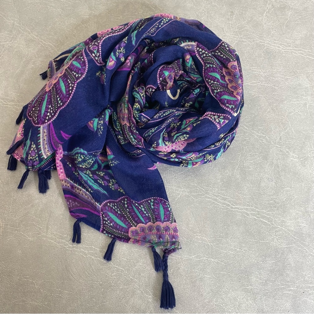 Elegant Navy, Pink and Purple Paisley Scarf with Tassels